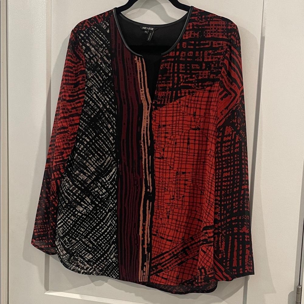 Nic + Zoe Red and Black Abstract Blouse